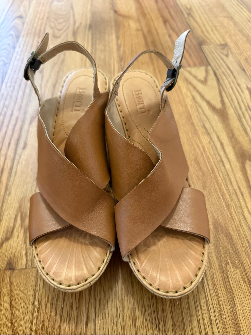 Born Tan Leather Cork Wedge Sandals - Picture 2 of 8